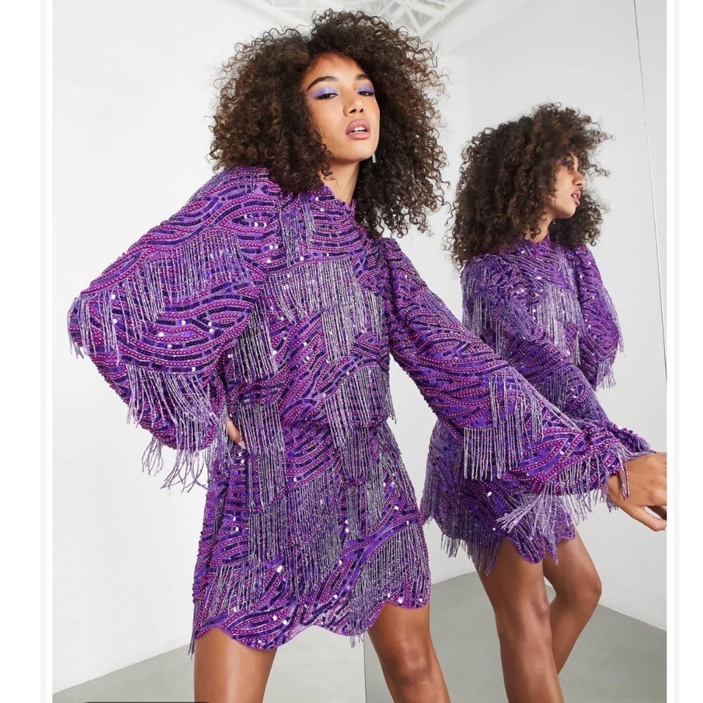 ASOS EDITION Purple Sequin Beaded Fringe Mini Dress Long Sleeve Size US 14 NEW